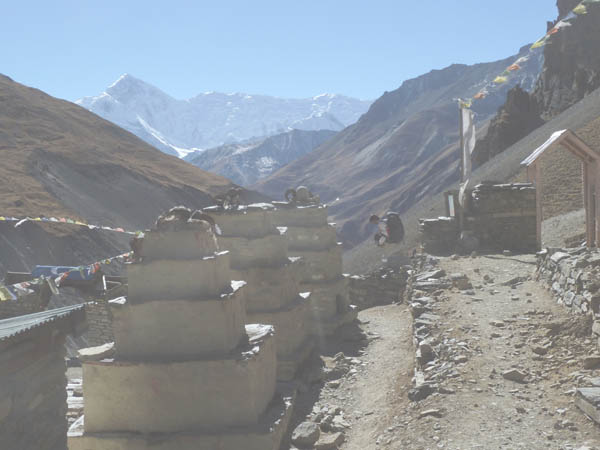 12 Chortens in Thorung Pheidi With Gangap;urna and the Great Ice Dome