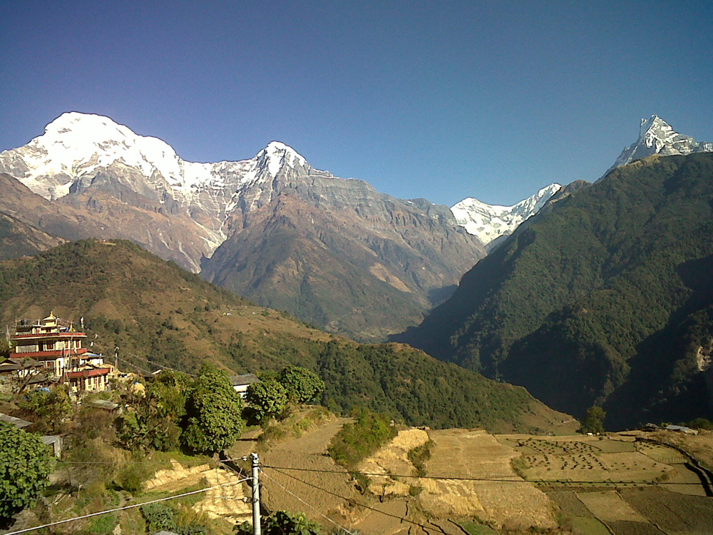 01 Looking back to the Annapurnas with the town and fields from Ghandruk