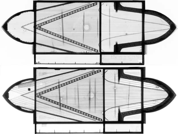 Inverse X-ray photographs of the Florence (top) and Leipzig (bottom) oval virginals by Cristofori